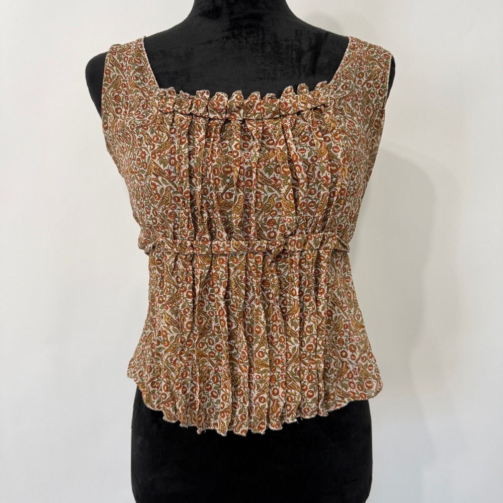Studio M Bird Floral Print Pleated Sleeveless Top Womens S Brown Boho Cottage‎
